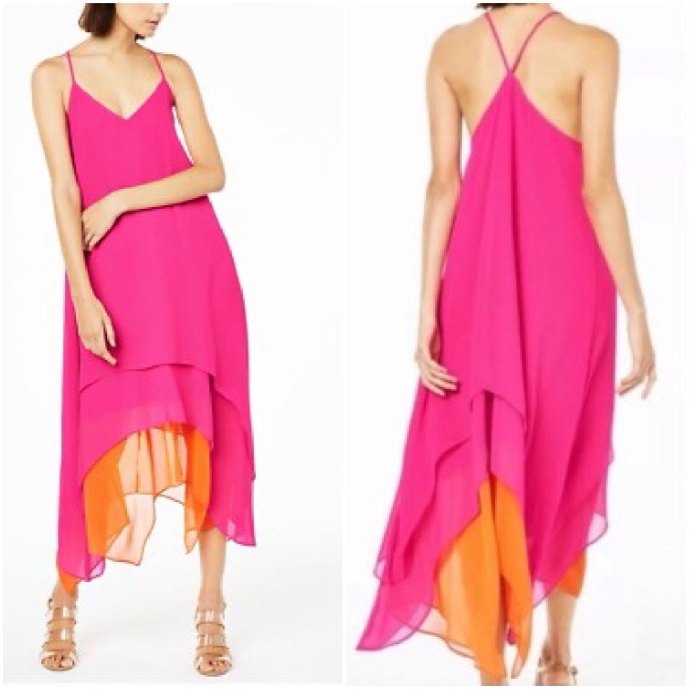 Bar III XS Fuchsia Orange Layered Dress Fairycore Festival Boho